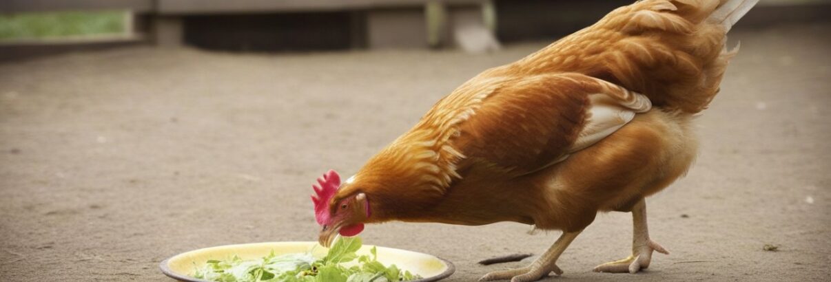 poule qui mange de la salade dans un poulailler