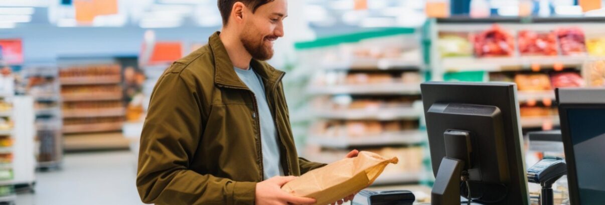 un homme paye ses courses à la caisse d'un magasin avec le sourire