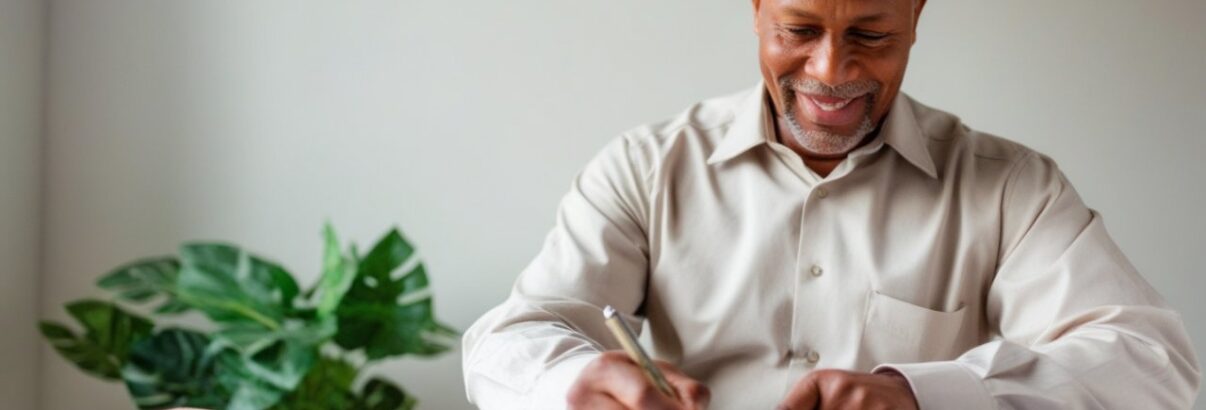un homme avec le sourire fait ses comptes