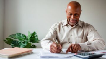 un homme avec le sourire fait ses comptes