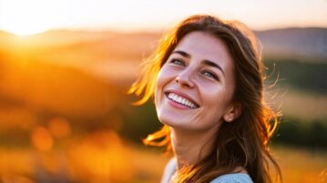 femme souriante regarde l'horizon