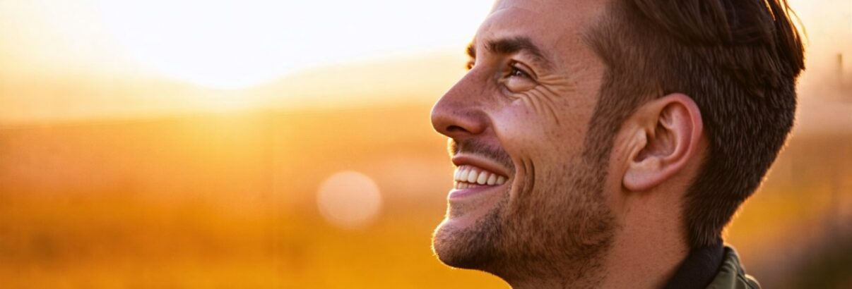 homme souriant regarde l'horizon