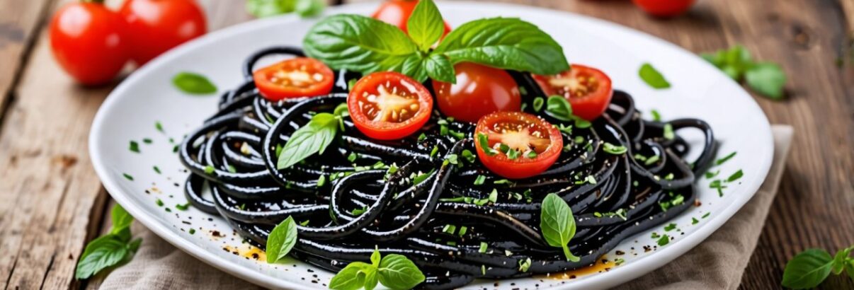 Linguine à l'encre de seiche, menthe, persil et citron aux tomates fraîches : la recette de saison qui ravira vos papilles