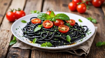 Linguine à l'encre de seiche, menthe, persil et citron aux tomates fraîches : la recette de saison qui ravira vos papilles