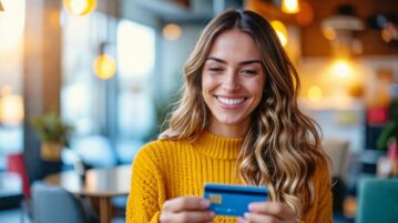une femme contente regarde sa carte bleue