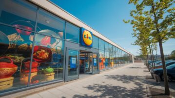 Vue magasin extérieur Lidl avec vue sur des casseroles à l'intérieur