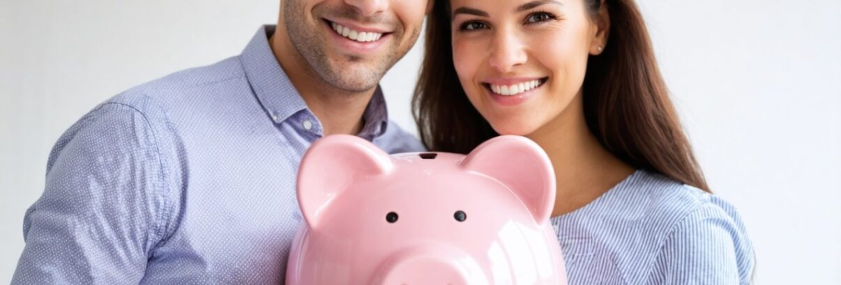 couple devant cochon tirelire rose economie