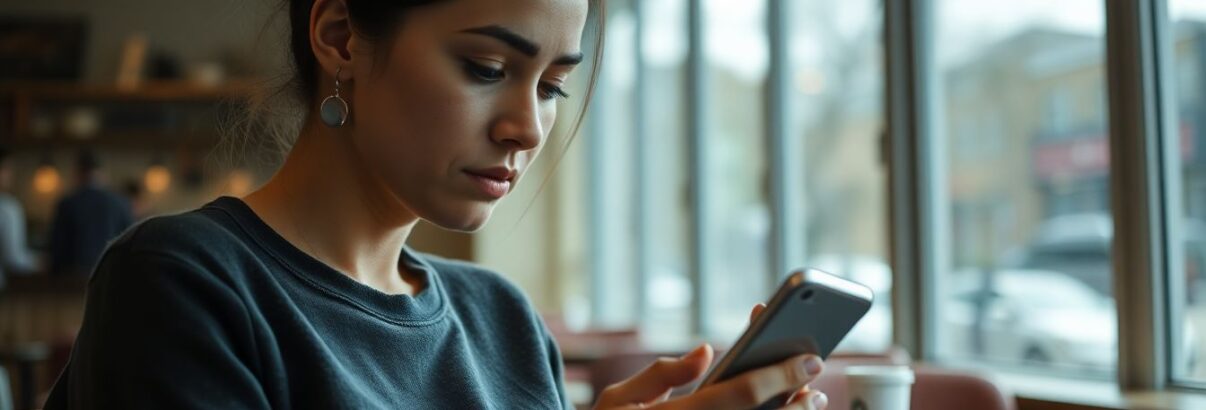 Femme en train de lire serieusement sur son smartphone