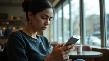 Femme en train de lire serieusement sur son smartphone
