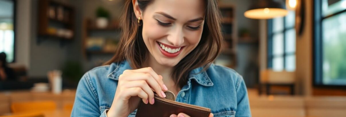 femme qui cherche piece dans son porte monaie sourire