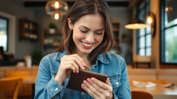 femme qui cherche piece dans son porte monaie sourire