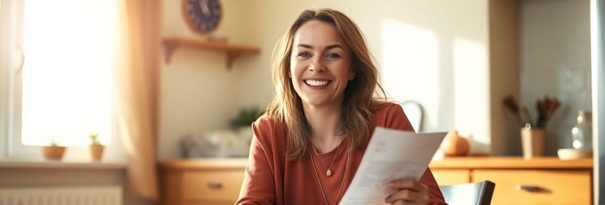 femme regarde facture sourire