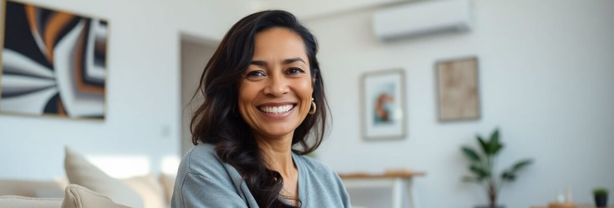 Femme salon sourire climatisation en fond
