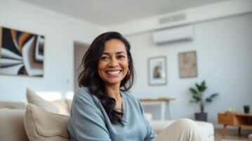 Femme salon sourire climatisation en fond