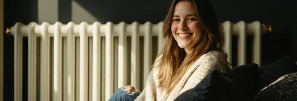 femme sourire canapé radiateur en fond