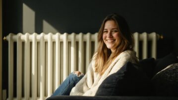 femme sourire canapé radiateur en fond