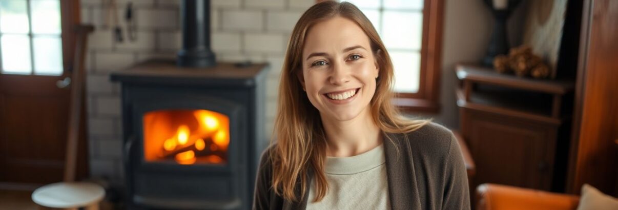 Femme sourire devant poele a bois