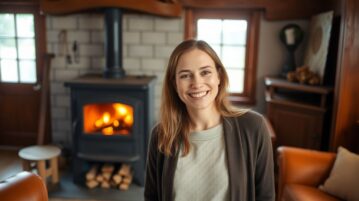 Femme sourire devant poele a bois