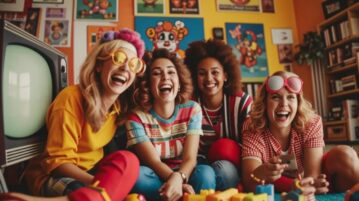 Groupe d'amis qui jouent à un Quiz sur les dessins animés des années 80