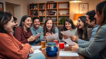 Un groupe d'ami qui joue à un quiz sur la langue française