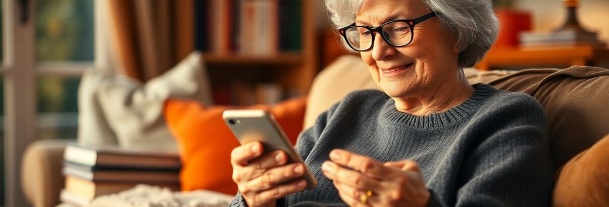 Femme agée qui lis sur telephone