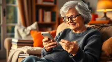Femme agée qui lis sur telephone