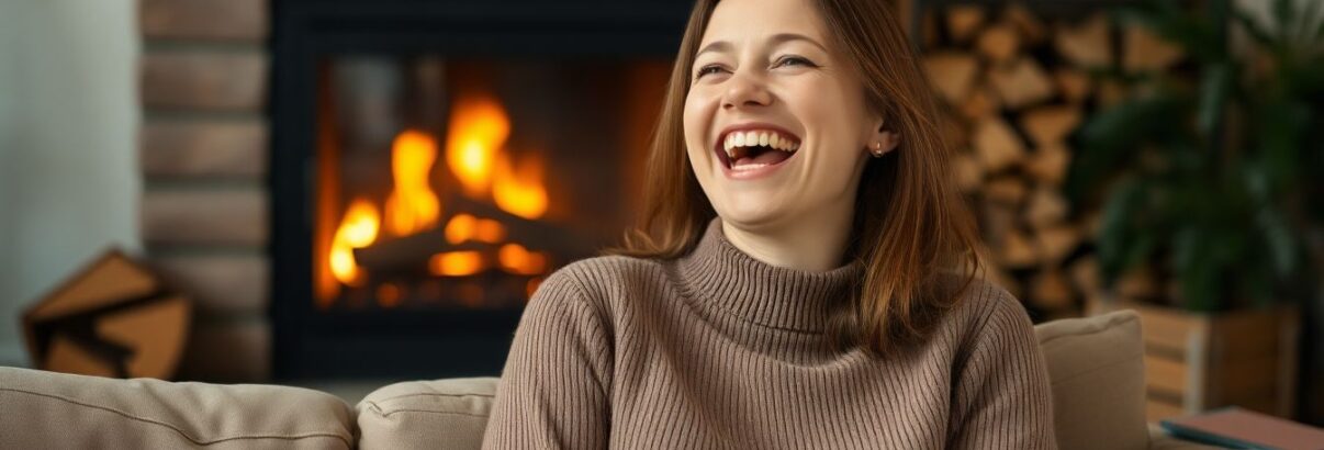 Femme rigole comme si elle venait de comprendre quelque chose dans son salon canapé, bois de chauffage en fond