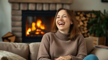 Femme rigole comme si elle venait de comprendre quelque chose dans son salon canapé, bois de chauffage en fond