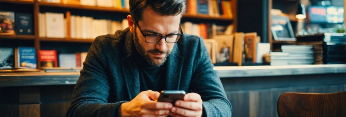 homme qui lis un article sur telephone