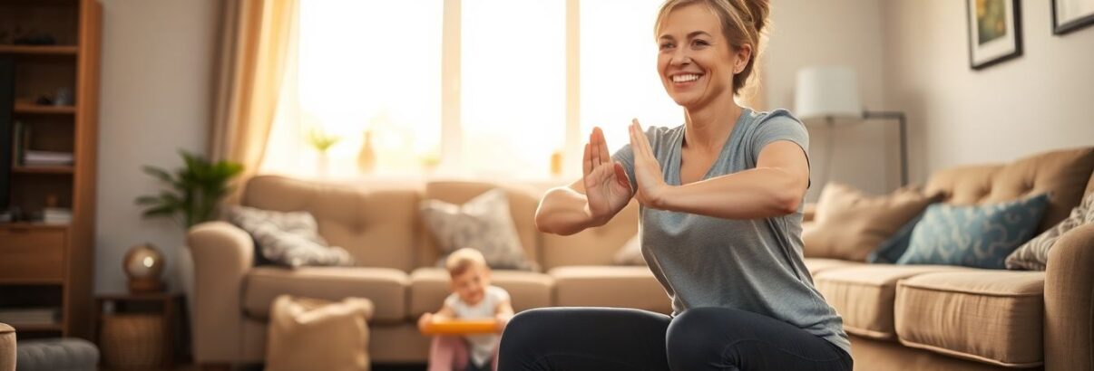 Mere de famille sourire et fait des squat dans son salon, son enfant en arriere plan