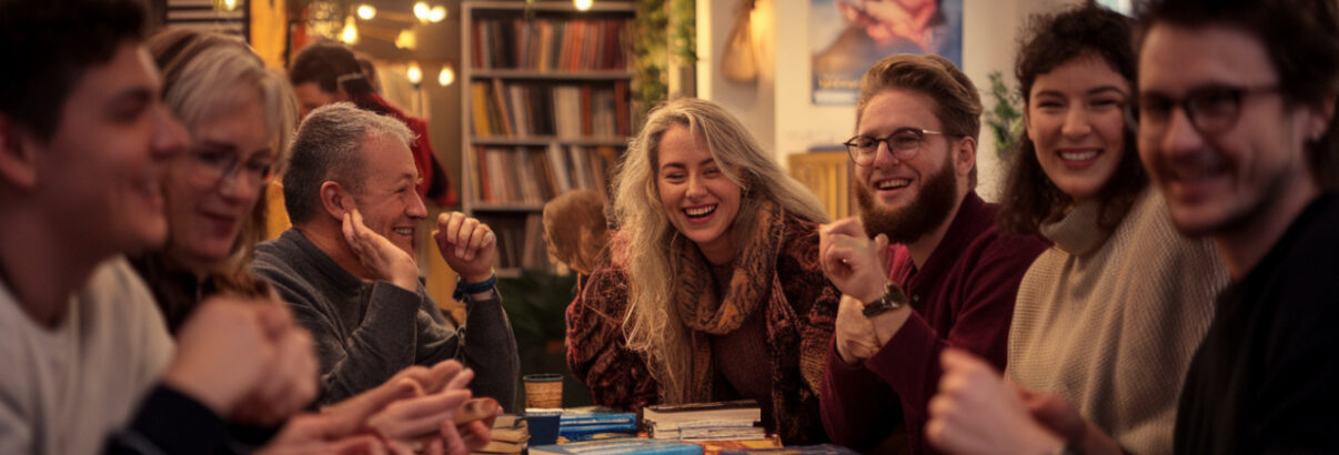 Quiz groupe de personne qui s'amusent autour d'une table avec des livres