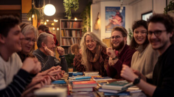 Quiz groupe de personne qui s'amusent autour d'une table avec des livres