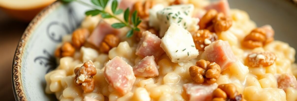 Risotto de coquillettes au jambon, noix et gorgonzola : un plat réconfortant à l'italienne