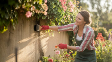 femme nettoie mur sale de son jardin