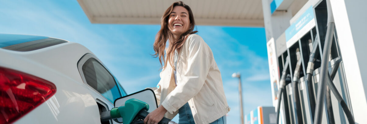 Femme qui met le plein dans sa voiture sourire