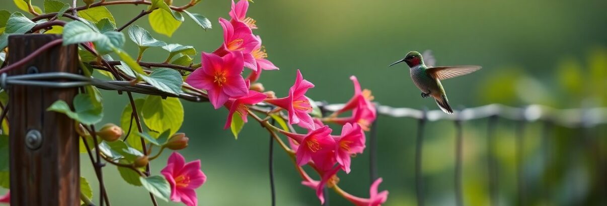 chèvrefeuille sur grillage, colibri dessus vient sentir