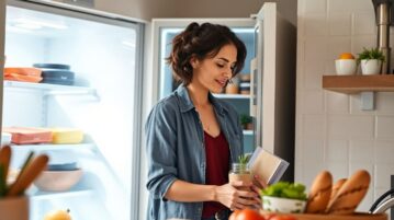 Femme range ses courses dans le frigo