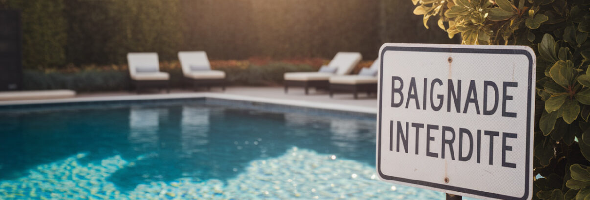 baignade interdite en francais devant une belle piscine