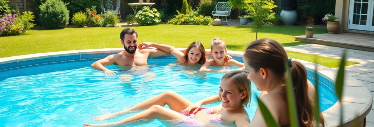 Famille qui se détend dans leur grande piscine hors-sol dans le jardin