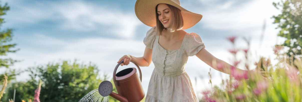femme qui arrose en plein soleil