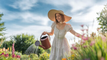 femme qui arrose en plein soleil