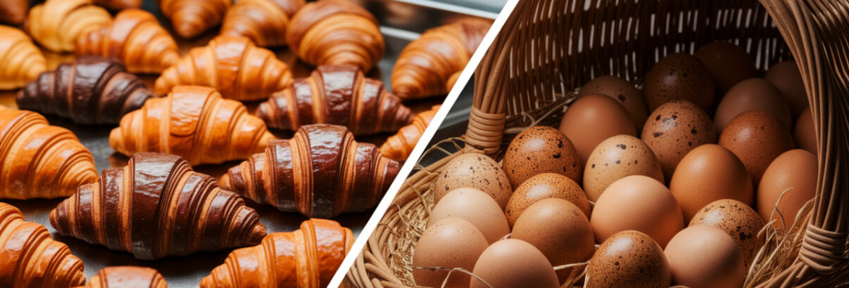 Image divisée en deux en : à droite, un panier remplis d'oeuf frais, a gauche, croissants et pain au chocolat et gateaux industriel