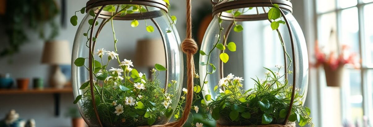 Créez un jardin suspendu magique avec deux terrariums ouverts reliés par une corde