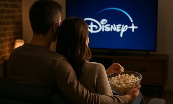 Prise de vue de dos : Couple devant film mange pop corn, Disney + sur l'écran