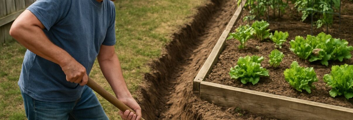 Mon voisin creuse une petite tranchée en pente derrière son potager avant l'été : voilà pourquoi c'est une idée de génie
