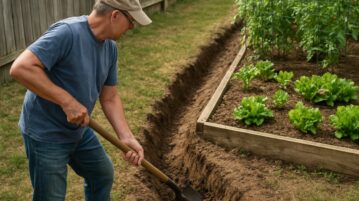 Mon voisin creuse une petite tranchée en pente derrière son potager avant l'été : voilà pourquoi c'est une idée de génie