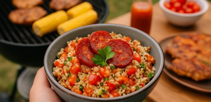 Ce taboulé au gaspacho et au chorizo vole presque la vedette aux grillades dès qu’il arrive sur la table