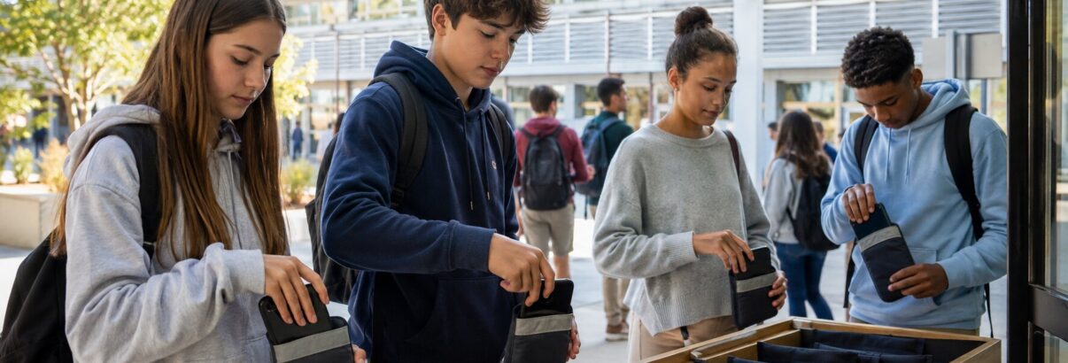 Élèves rangeant leurs téléphones à l’entrée