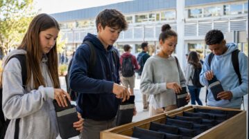Élèves rangeant leurs téléphones à l’entrée